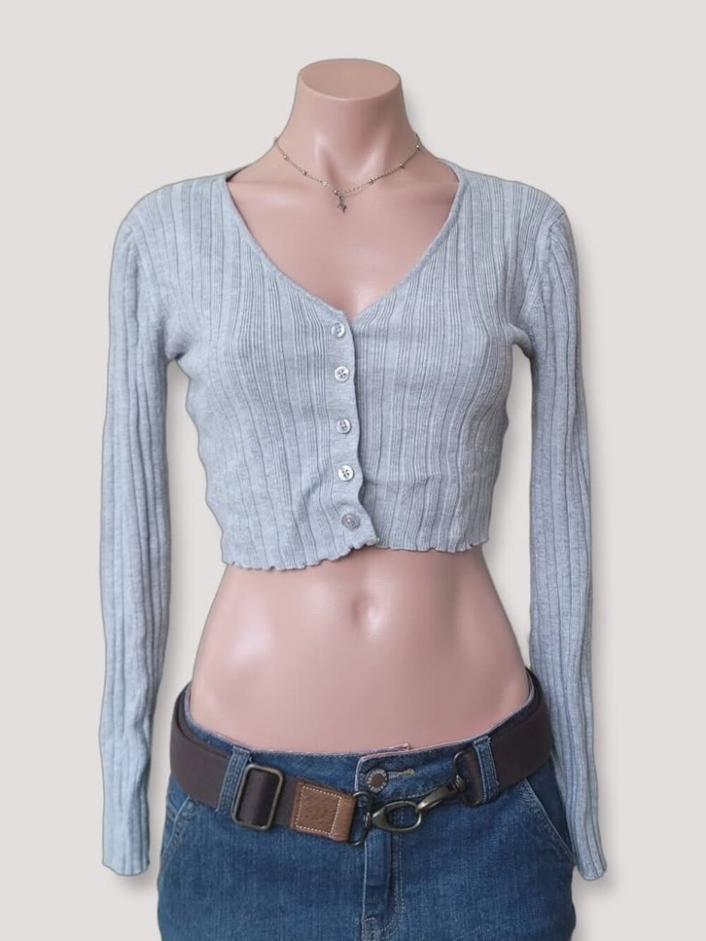 Gray Cropped Knit Cardigan Button Front Retro Knitwear